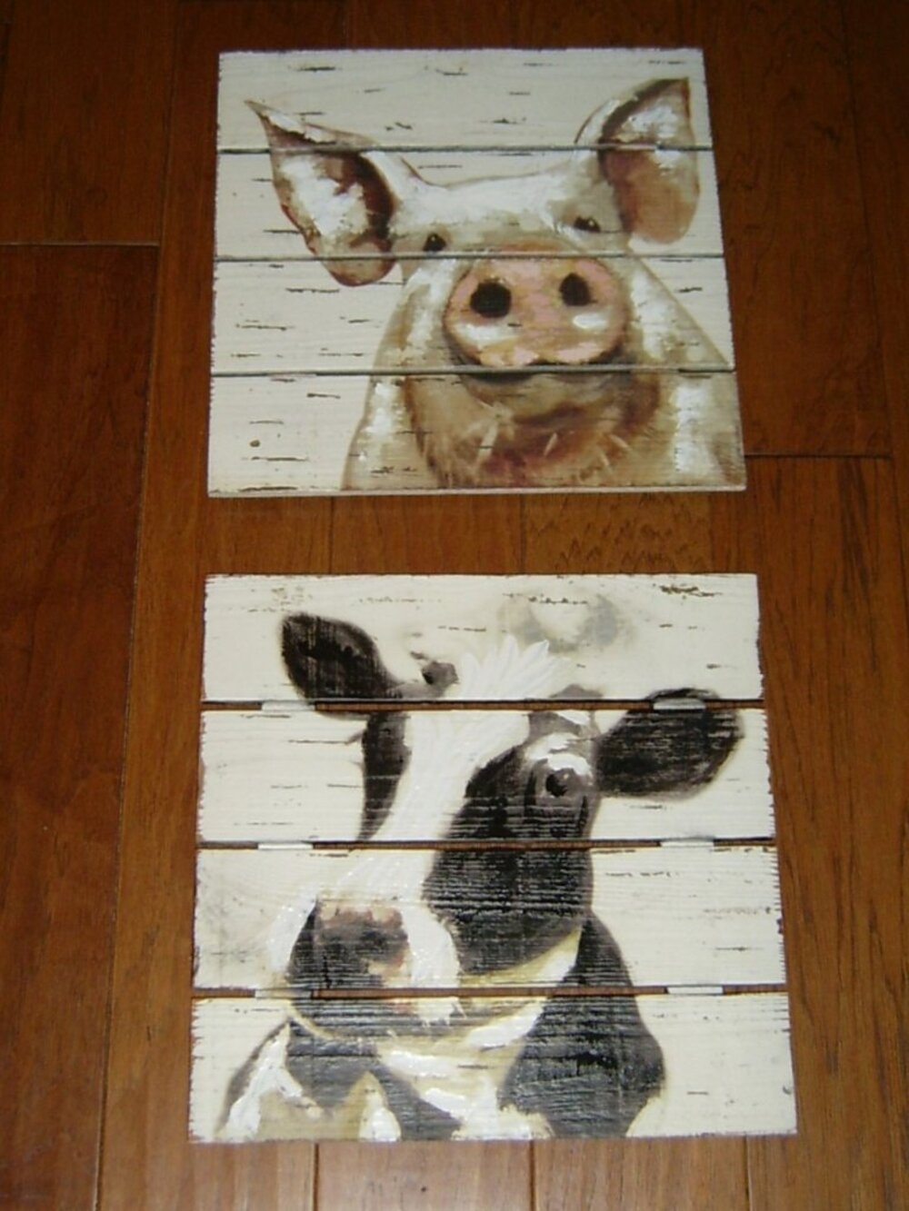 Rustic Farmhouse Pig & Cow Painting On Shiplap 14 X 14", VGUC